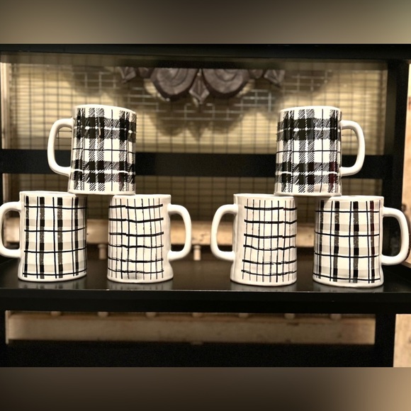 NEW Set of 6 Farmhouse Black & White Plaid Ceramic Coffee Tea Cups Mugs - Picture 12 of 15